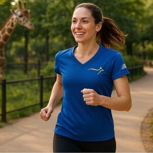 New Balance Shirt Womens Medium Blue Kangaroo Run For The Zoo Activewear Fitness